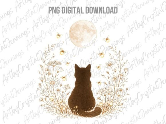 Download Celestial Mystic Cat &amp; Moon Floral PNG - Mystic Collection